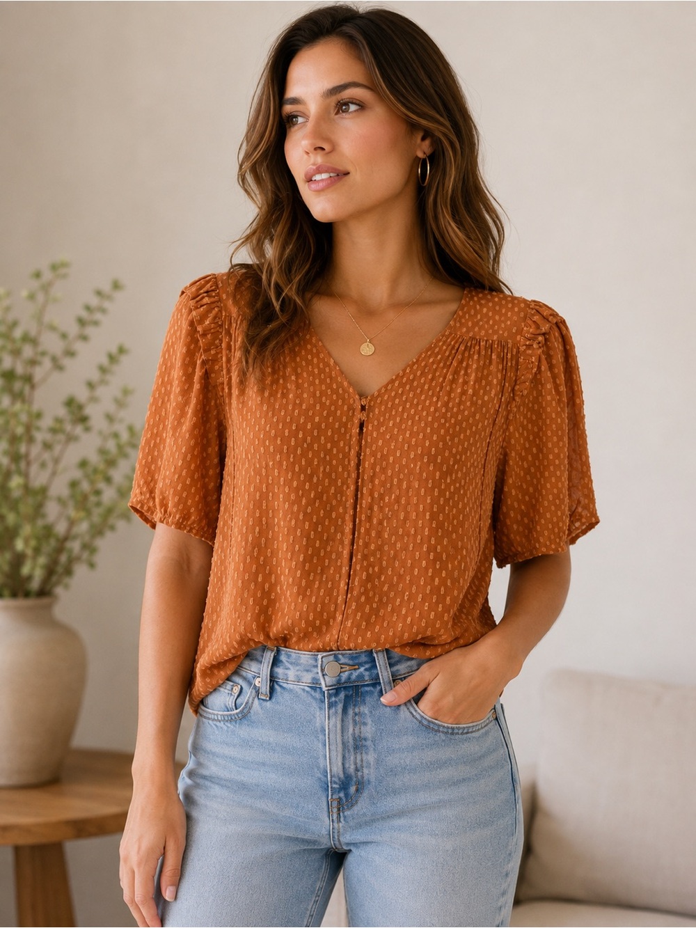 Johnny Was Tan flutter short sleeve blouse XS
